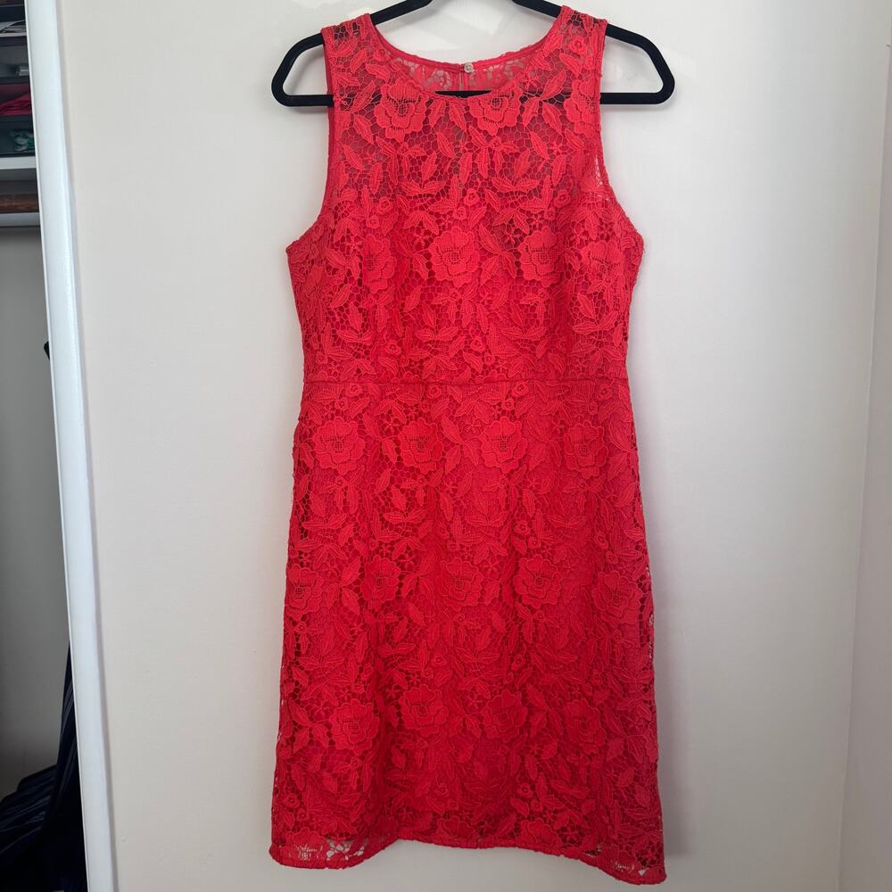 J.Crew Sheath Lace Overlay Dress Red Floral Round Neck Back Zip Sleeveless Sz 12